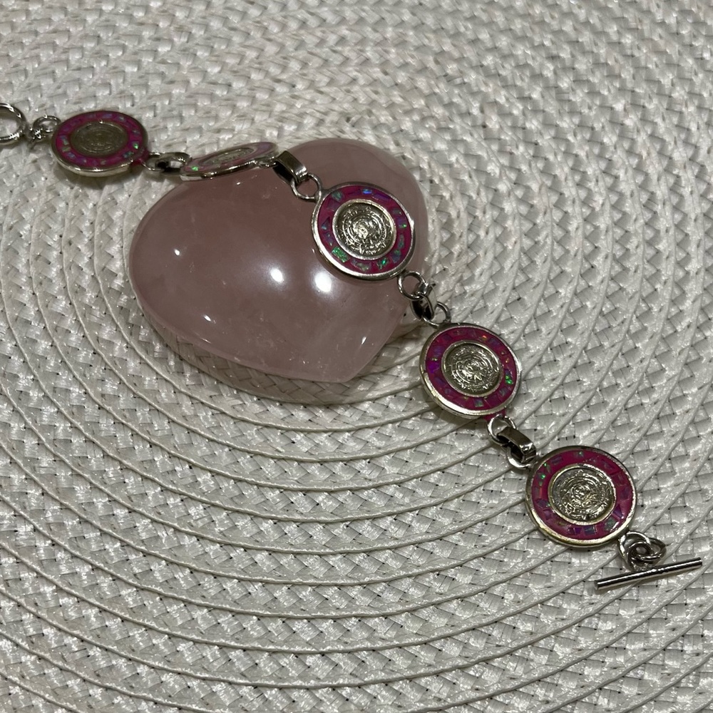 Mexico Aztec Calender Gold, Silver and Pink Opal Bracelet